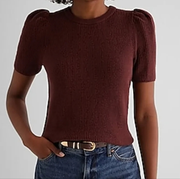 Express NWT Soft Ribbed Puff Sleeve Girly Warm Brown Sweater Top Large - Picture 1 of 7